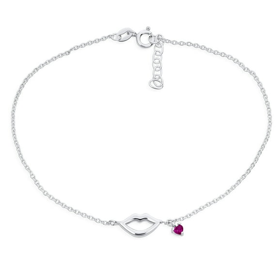 Bling Jewelry Womens Lover Kissing Lip Heart CZ Charm Anklet Ankle Bracelet Sterling Silver