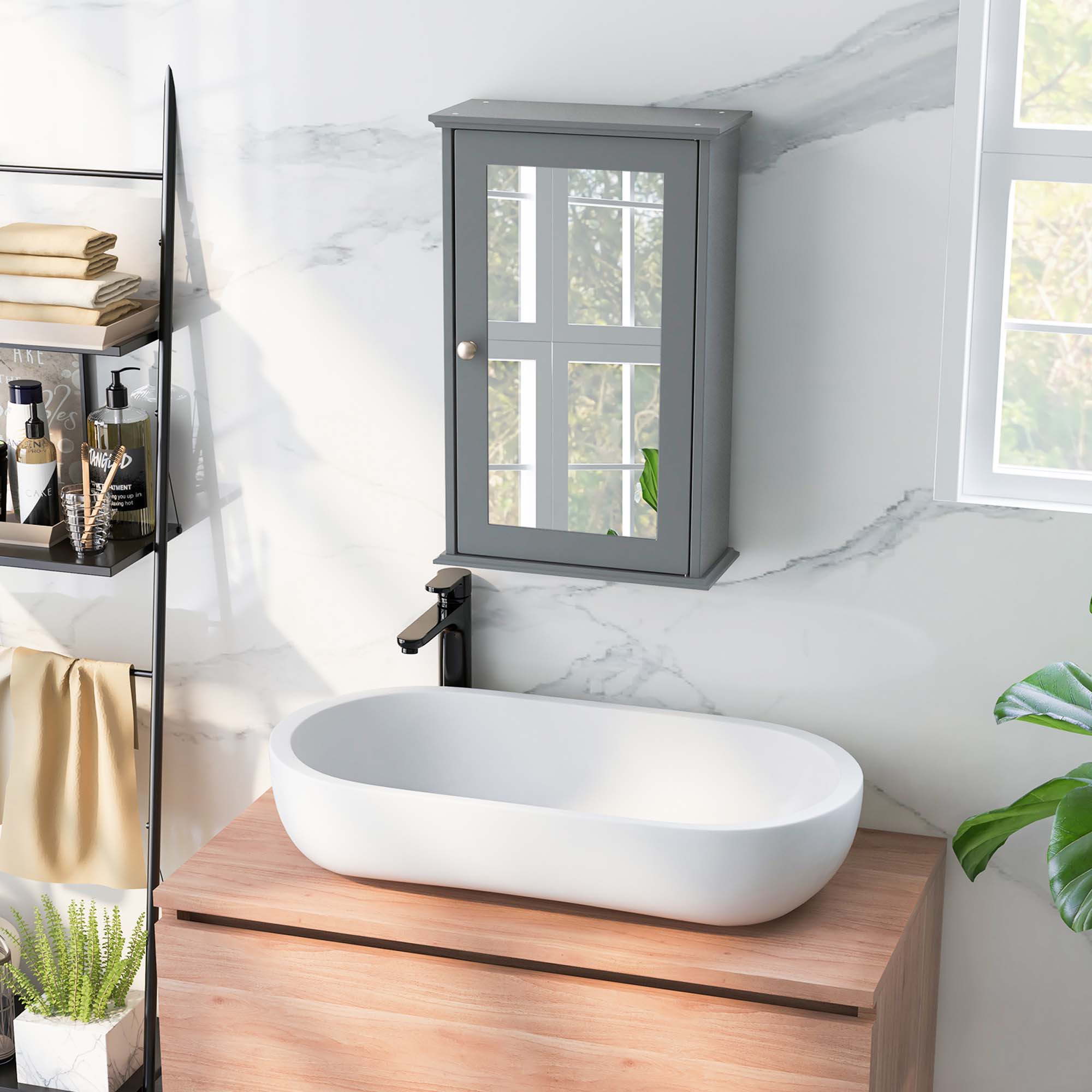 Costway Bathroom Wall Cabinet Single Mirror Door Cupboard Storage Medicine Cabinet Wood Shelf Grey