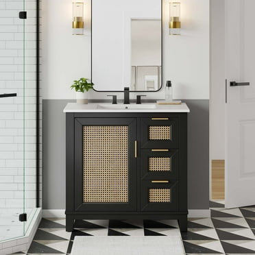 Modway Dixie 36” Solid Wood Bathroom Vanity Cabinet (Sink Basin Not Included) in Black