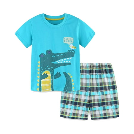 

HILEELANG Toddler Boy Summer Short Sets Outfits Cotton CrewNeck Green Crocodile Short Sleeve Playwear Sets 2T