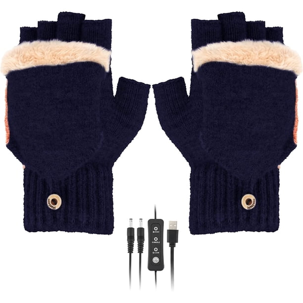 Guantes Térmicos USB Azul Oscuro, Guantes de Invierno para Hombres y Mujeres, Guantes Térmicos de Punto Lavables, Manopla con 3 Temperaturas Ajustables para Esquí por Computadora, Senderismo