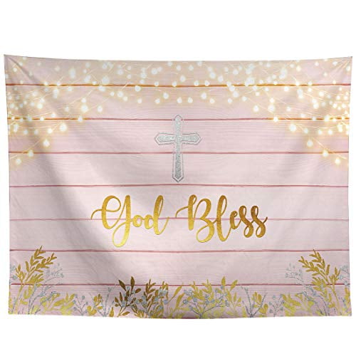 Allenjoy 7x5ft God Bless Themed Backdrop Baptism Decoration First Holy Communion Rustic Wood Ribbon Christening Party Decorations Newborn Baby Shower Lace Banner Photography Background Supplies Props 