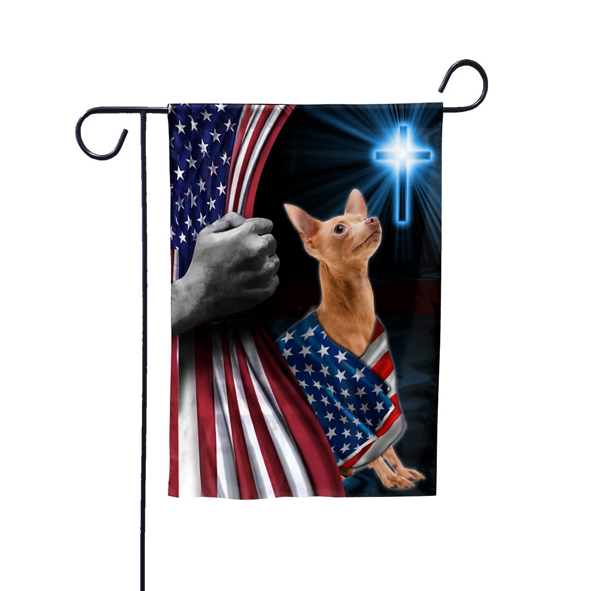 Hand Pulling USA Flag Chihuahua Dog Wearing Flag American Standing under Cross Christian Patriotic House Flag (3x5) Double Sided- Premium Polyester-Decorative Indoor Outdoor Flag