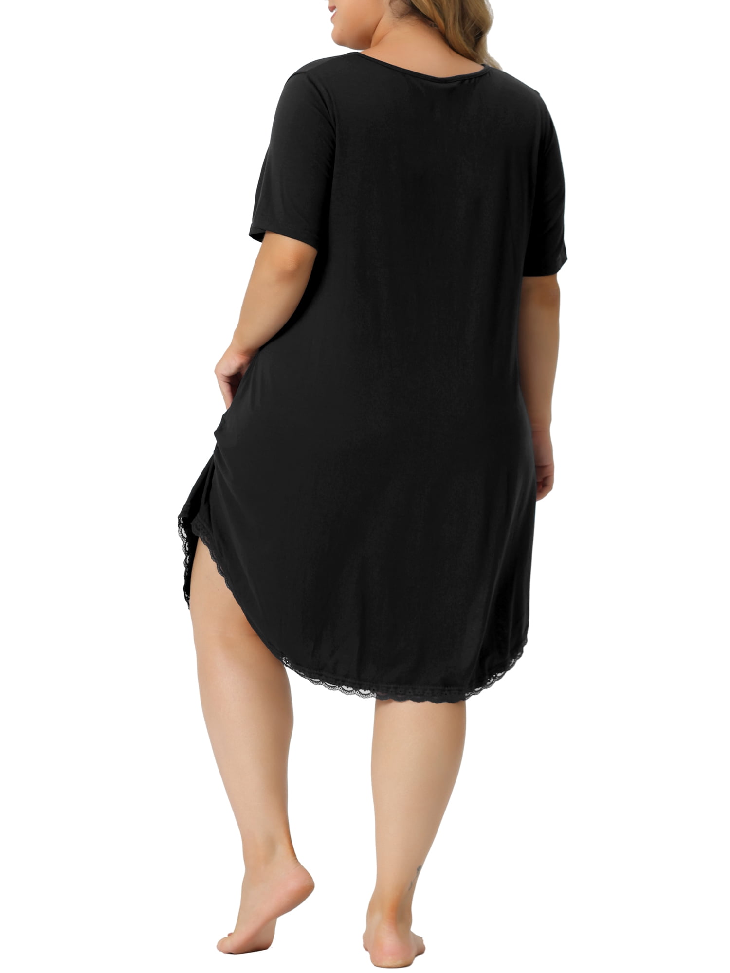 Unique Bargains Women's Plus Size V Neck Lace Trim Hem Loose Nightgown Sleepwear Pajamas 1X Black