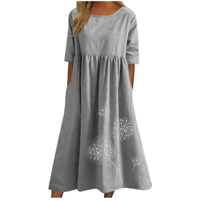 CHUANK Robe Grande Taille pour Femmes Liquidation Coton Lin Robe à Manches Courtes Col Rond Décontractée Plage Longueur Midi Robes Soleil