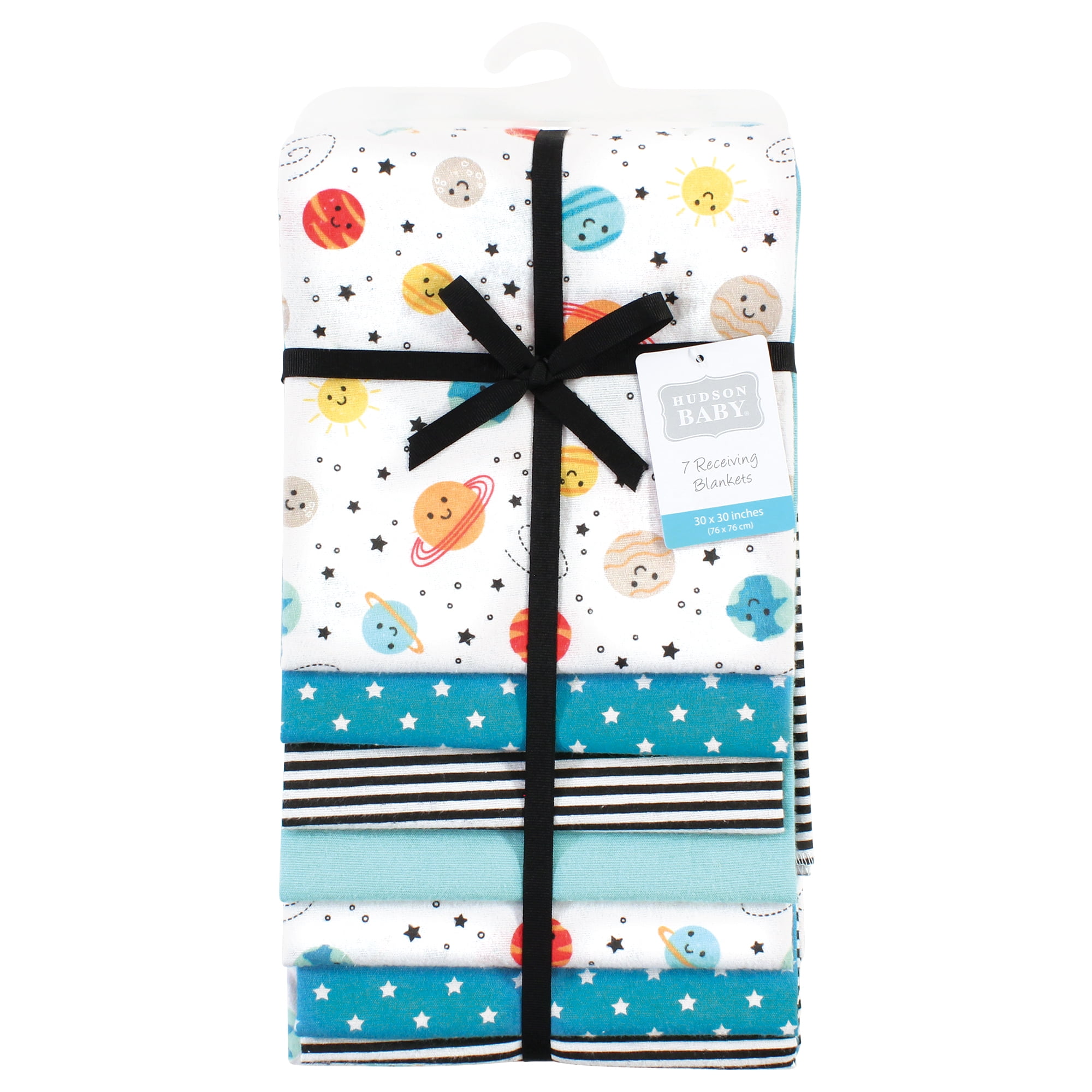 Little Treasure Hudson Baby Boys Cotton Poly Flannel Receiving Blankets 7-Pack, Blue Happy Planets, 30x30 inches