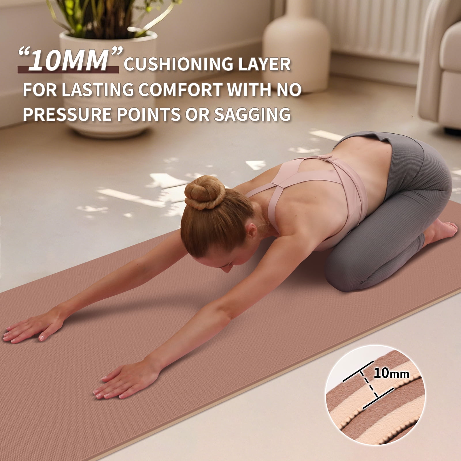 4W 10mm Thick Yoga Mat- TPE Non-Slip Exercise Mats with Strap for Home Workout/Pilatesfor Women Men72"×26"(Brown+Apricot)