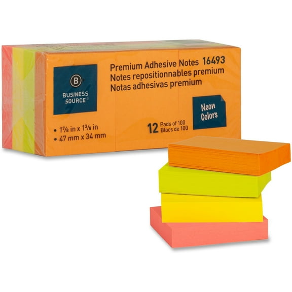 Business Source, BSN16493, Premium Repostionable Adhesive Notes, 12 / Pack, Neon