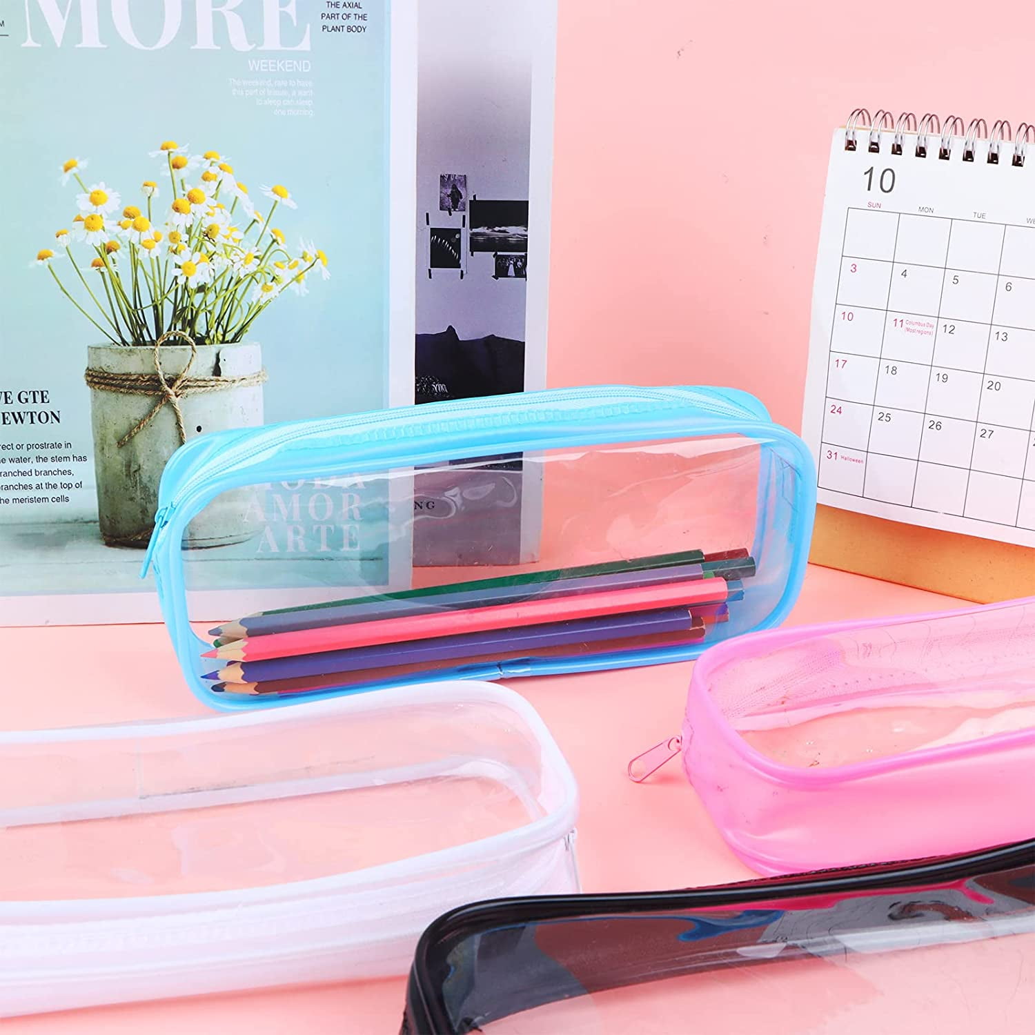wangshanggou 6 Pieces Clear PVC Pen Pencil Case with Zipper, for Office  Stationery, Portable Transparent Big Capacity Pencil Bag Makeup Pouch(White)