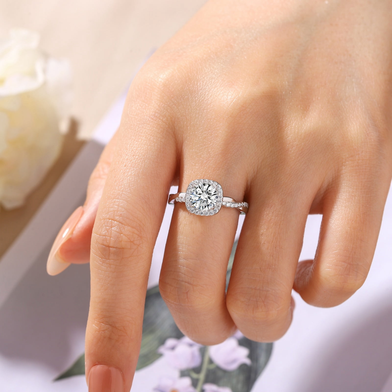 Flydeer Engagement Rings for Woman Round Cut 925 Sterling Silver Halo Wedding Promise Ring Twisted Pavé Band Size 5