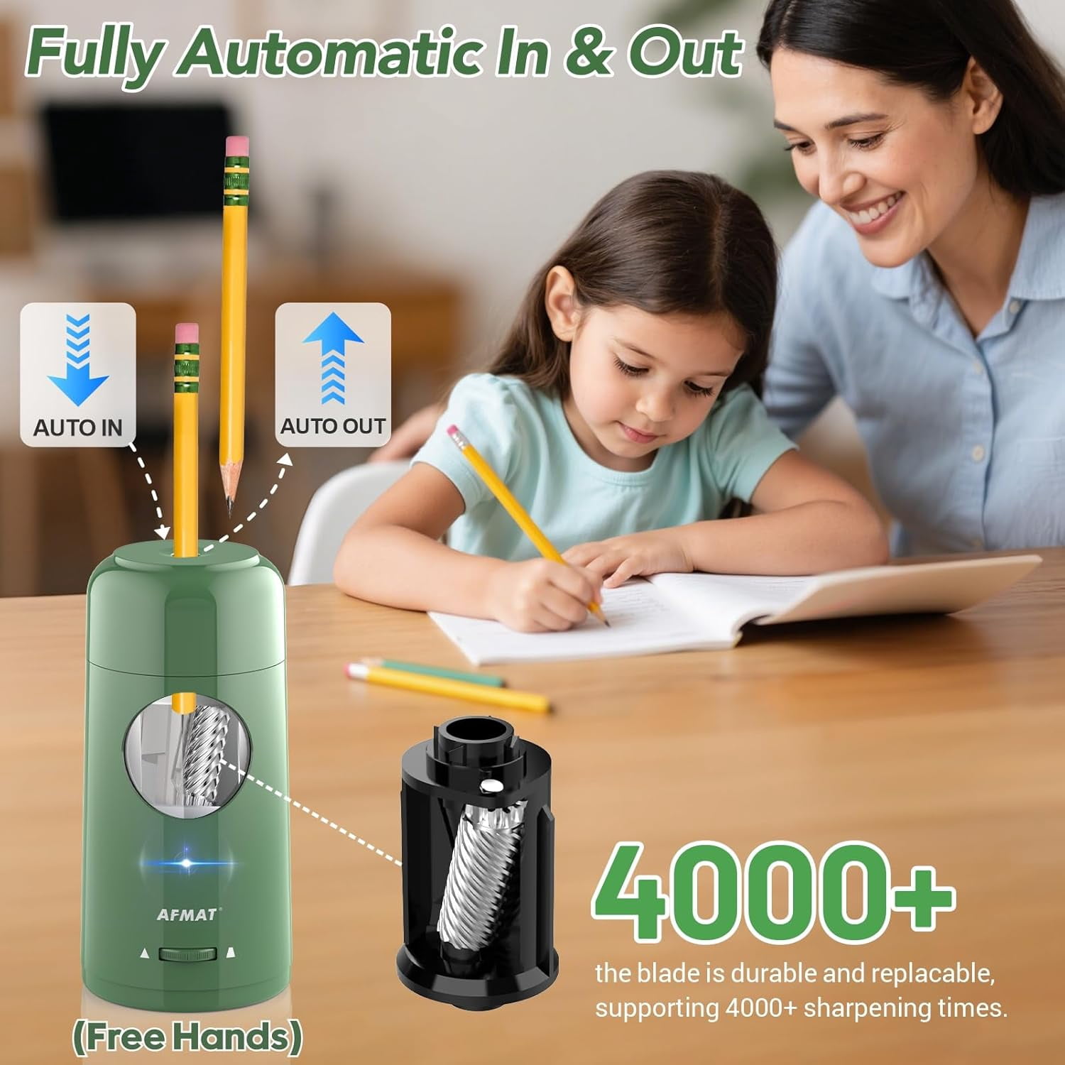 AFMAT Electric Pencil Sharpener, Rechargeable Fully Automatic Pencil Sharpener for Jumbo & Colored Pencils (7-11.5mm), Auto in/Out, Hands-Free, Portable for Home/Classroom/Office,Green