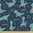 thumbnail image 2 of Ambesonne Cartoon Fabric by the Yard Upholstery, Dinosaur Doing Yoga Poses, 1 Yard, Indigo Turquoise and Rose, 2 of 5