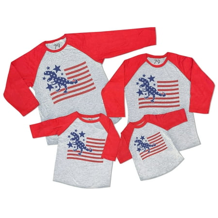 

7 ate 9 Apparel Matching Family 4th of July Shirts - Dino Flag Dinosaur USA Red Shirt 2T