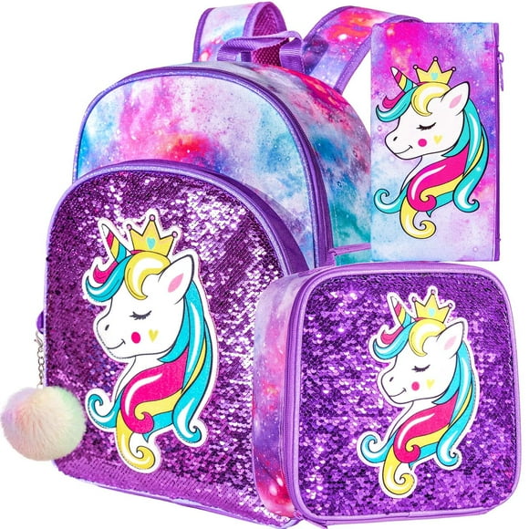 Mochila FTJCF para niñas con lentejuelas y unicornio con lonchera de 16 pulgadas, color morado