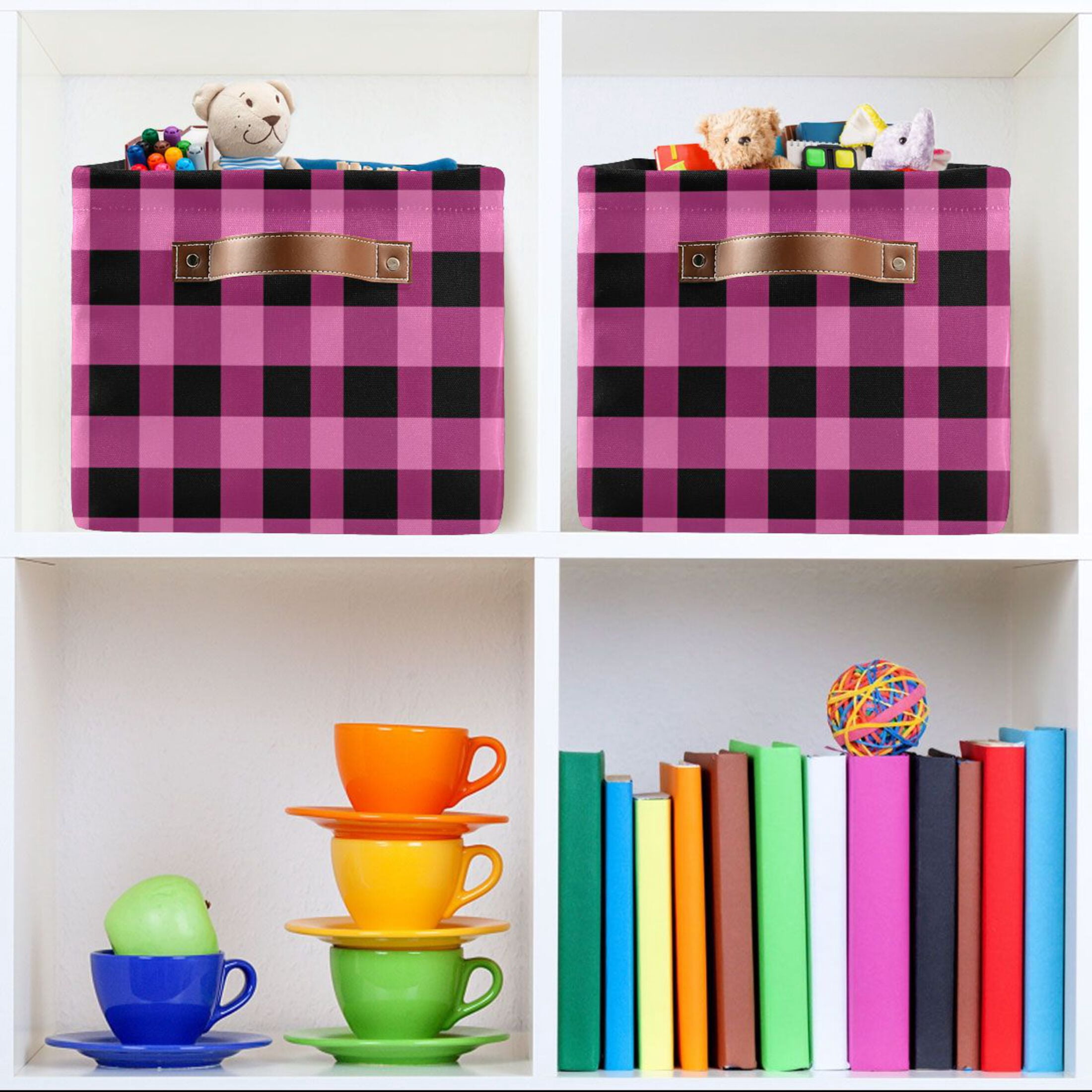 Pink and Black Check Foldable Storage Basket,Canvas Fabric Foldable Storage Bins with Handles Open Home Storage Bins Boxes for Toy Book Shelf Closet Baskets