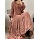 thumbnail image 5 of Vestido largo de verano para mujer, de uso diario, con cuello redondo, manga larga, elegante, con pliegues y retazos, con ribete crudo, suelto, liso, 5 of 5