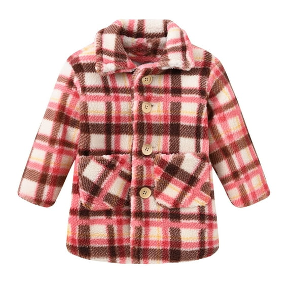 Odeerbi Toddler Girls Plaid Fleece Jacket Coat Winter Thermal Outerwear Kids Fashion Cute Lattice Windproof Padded Jacket Lapel Coat Red