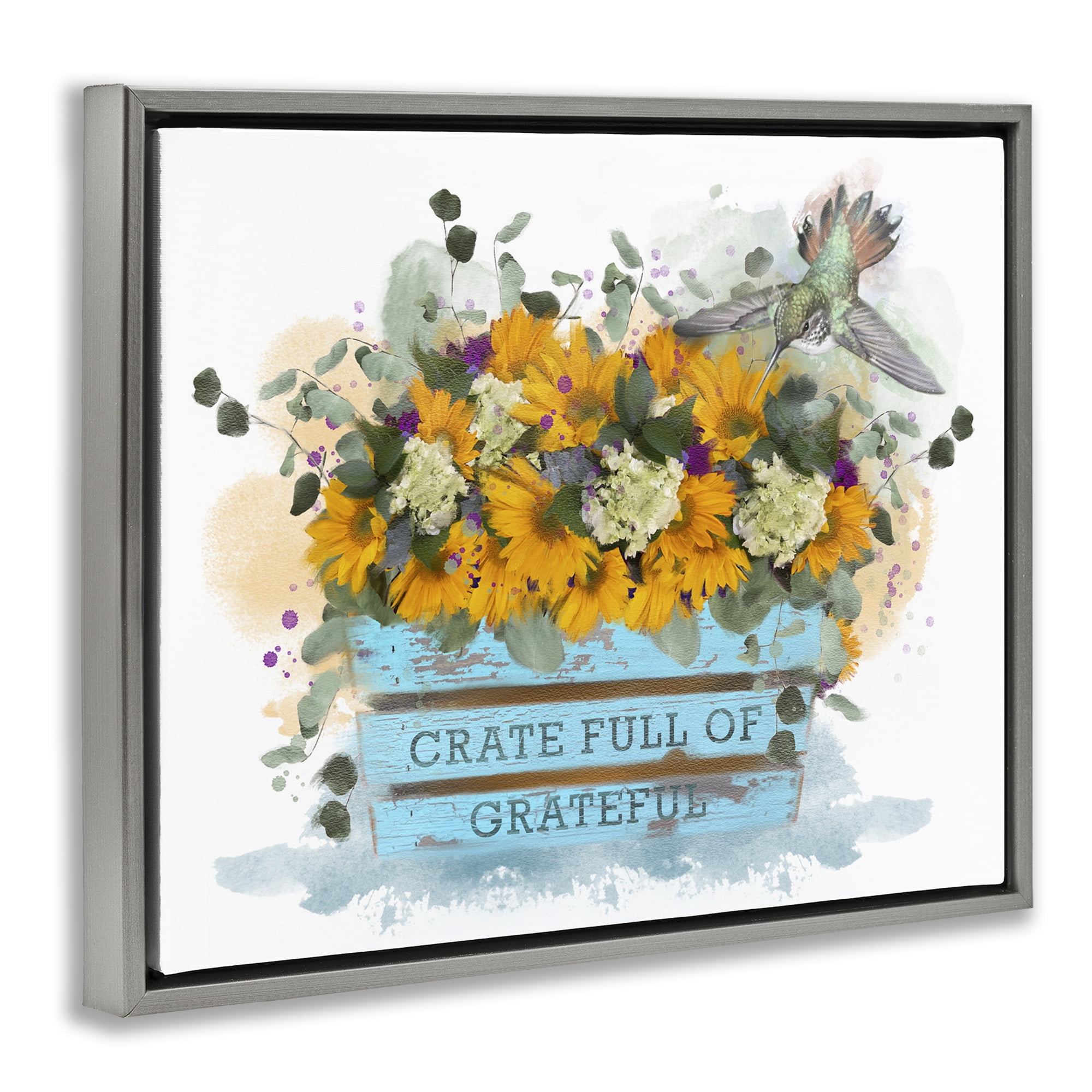 Stupell Industries Crate Full Of Grateful Botanical & Floral Painting Gray Floater Framed Canvas Art Print Wall Art, 21 x 17