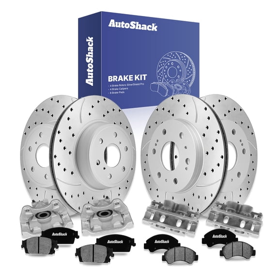 AutoShack Front Vented & Rear Vented Drilled & Slotted Silver Zinc Coated Brake Rotors   Ceramic Pads   Calipers 16-PC Brake Kit Replacement for 2014-2018 Chevrolet Silverado 1500 SilverShield Pro