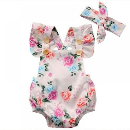 

Infant Girls Floral Romper + Bow Headband Toddler Square Neckline Flying Sleeves Print Jumpsuit 2 Piece Set
