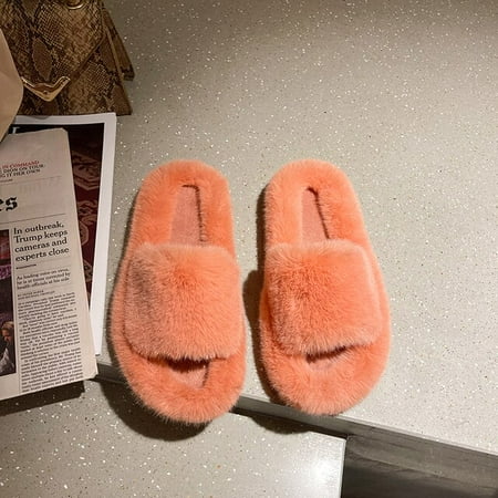 

PIKADINGNIS Winter House Fluffy Ladies Fur Slippers Open-Toe Solid Bedroom Flat Girls Warm Plush Shoes Indoor Women Fluffy Slides