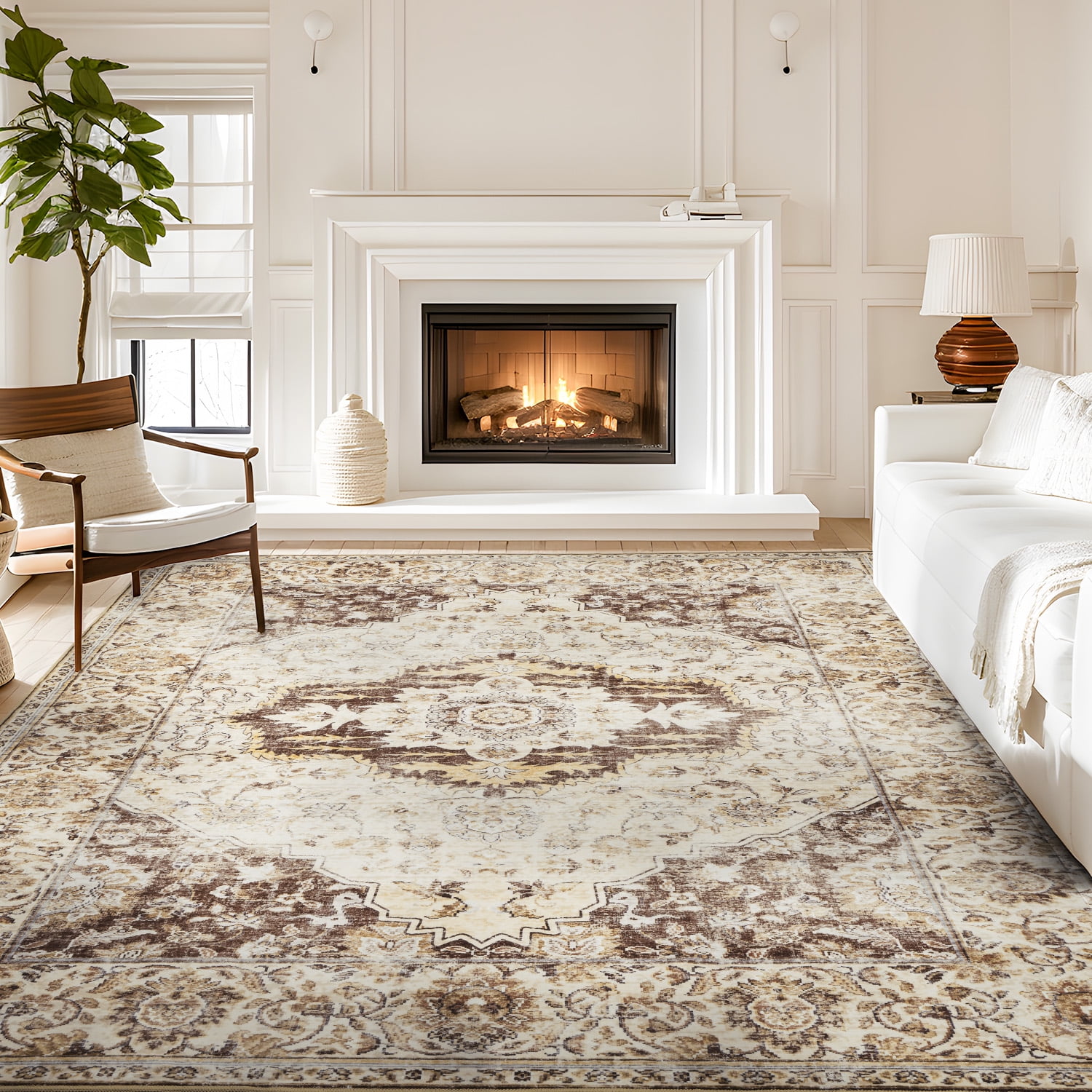 SIXHOME 9'x12' Area Rugs for Living Room Washable Traditional Brown Distressed Carpet Non Slip Ultra Soft Retro Floral Throw Indoor Rug for Bedroom Dinning Room Office Home