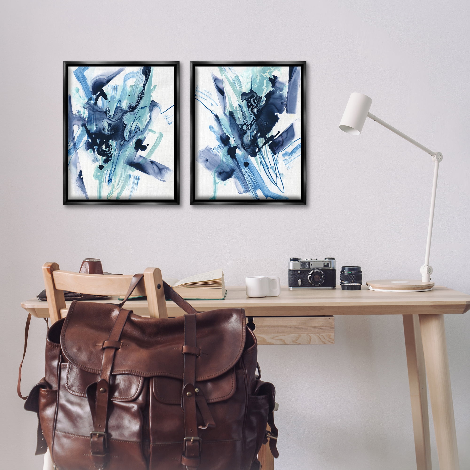 Stupell Industries Abstract Blue Splash Abstract Painting Black Floater Framed Canvas Art Print Wall Art, 17 x 21, Set of 2