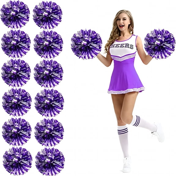 BESTSKY 12Pcs Cheerleading Pom Poms with Finger Holes Metallic Foil Cheer Pom Poms for Dance, Matches, Team Spirit Sports, Stage Performance, Carnival Celebration (Purple Silver, Large)