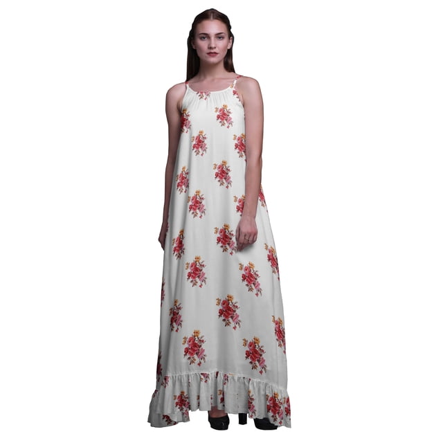 Bimba Chemise de Nuit Blanche4 à Fleurs et Bégonia pour Femmes, Imprimée, Bretelles Spaghetti, Robe Maxi, TTG