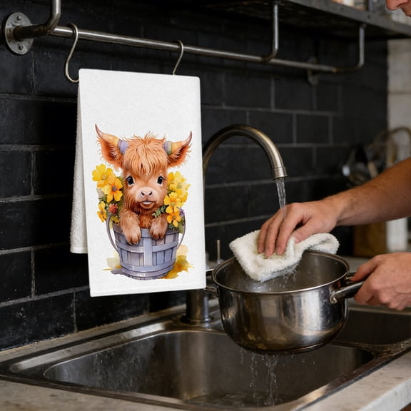 Aodebiao Set of 2 26x18Inch Highland Cattle Kitchen Towels Highland Cow Themed Dish Towels Absorbent Farm Cattle Watercolor Floral Tea Hand dishcloths Housewarming Gift for Farmhouse Kitchen