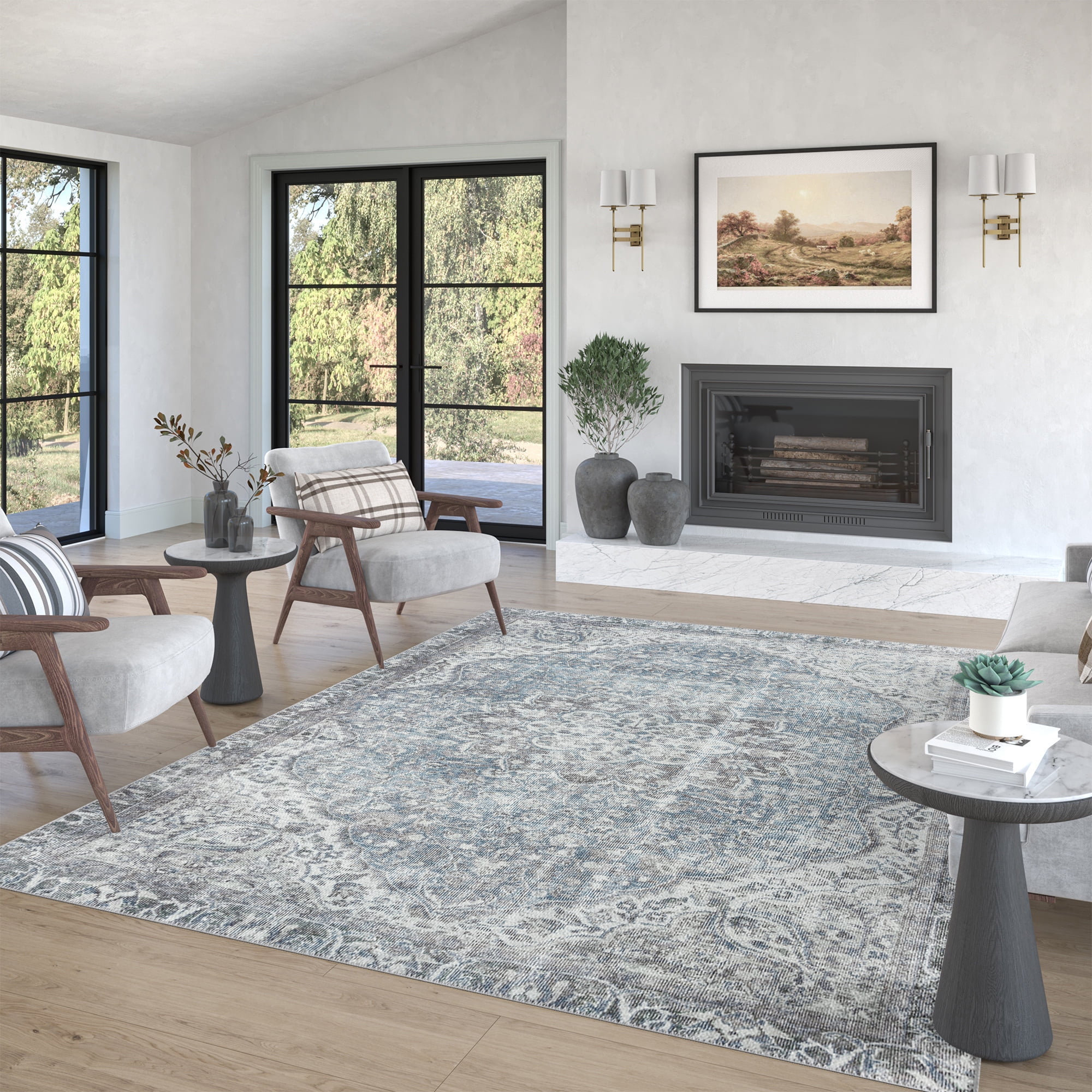Traditional 8x10 Area Rug (7'11'' x 10'3'') Oriental Navy, Gray Living Room Easy to Clean Machine Washable