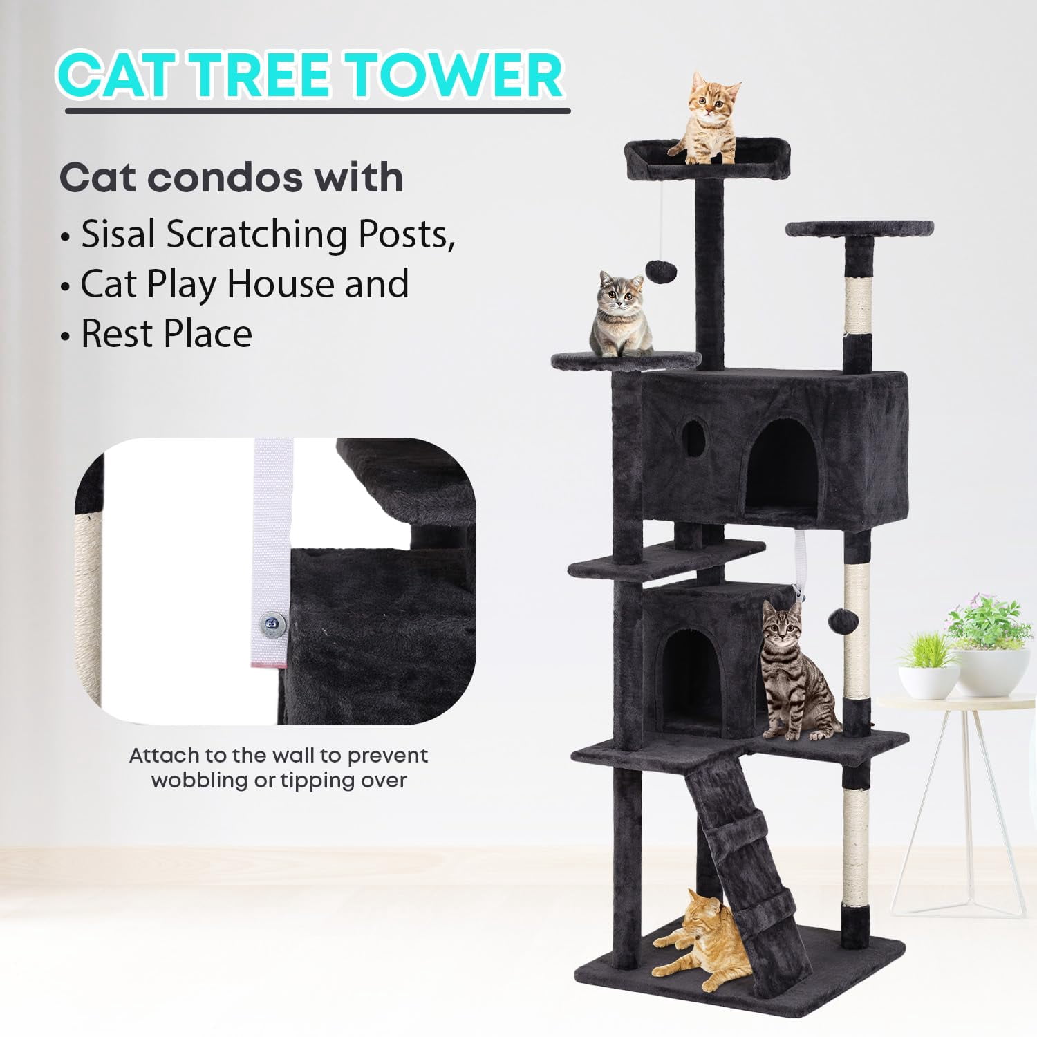70 Inches Large Multi-Level Cat Tree, Tall Cat Tree with Sisal-Covered Scratching Posts, Condo, Dangling Ball, and Extended Platform for Cats to Play and Sleep, Dark Grey