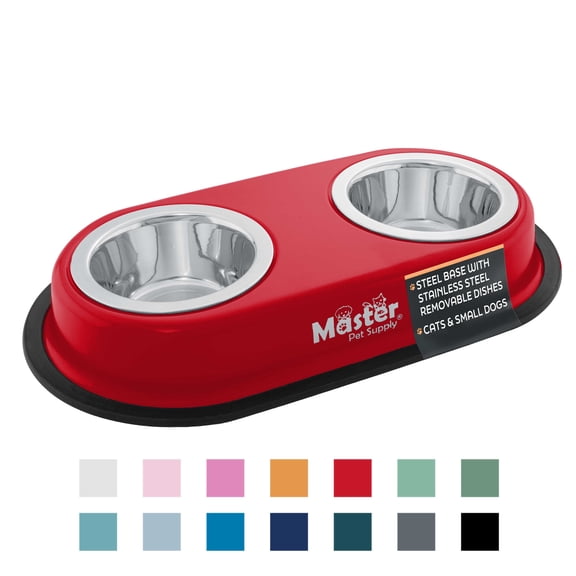 Master Pet Supply Double Dog Bowls Set with Elevated Base and 2 (8 oz) Stainless Steel Removable Dishes (Crimson Flame) – Double Cat Food Water Bowl, Dog Puppy Food Bowl Set, Rust Resistant