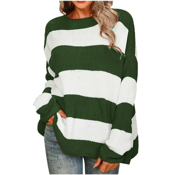 IROINNID Womens Sweater Round Neckline Pullover Sweater Stripes Loose Mid-Length Long Sleeve Shirt Sweater Tops