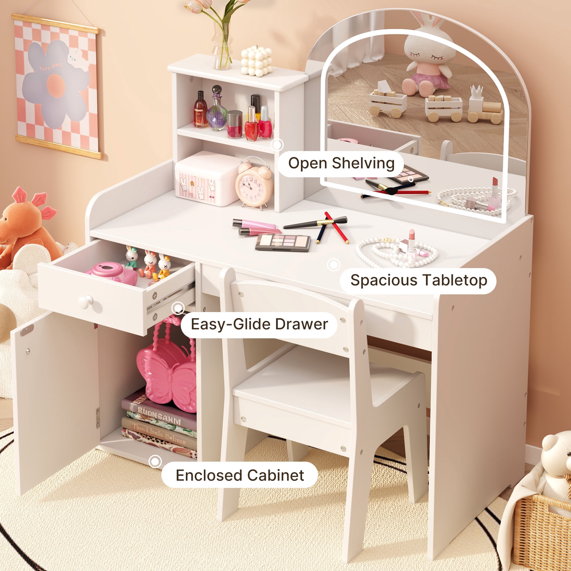 Lofka White Princess Kids Vanity Set with LED Lights & Stool | Makeup Dressing Table with Shatterproof Mirror, Storage Shelves & Cabinet | ASTM/CPSIA Safe for Girls 3+
