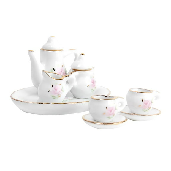 JWQFBC 8pcs Dolls House Miniature Porcelain Tea Set Rose Flower Print W/ Golden Trim