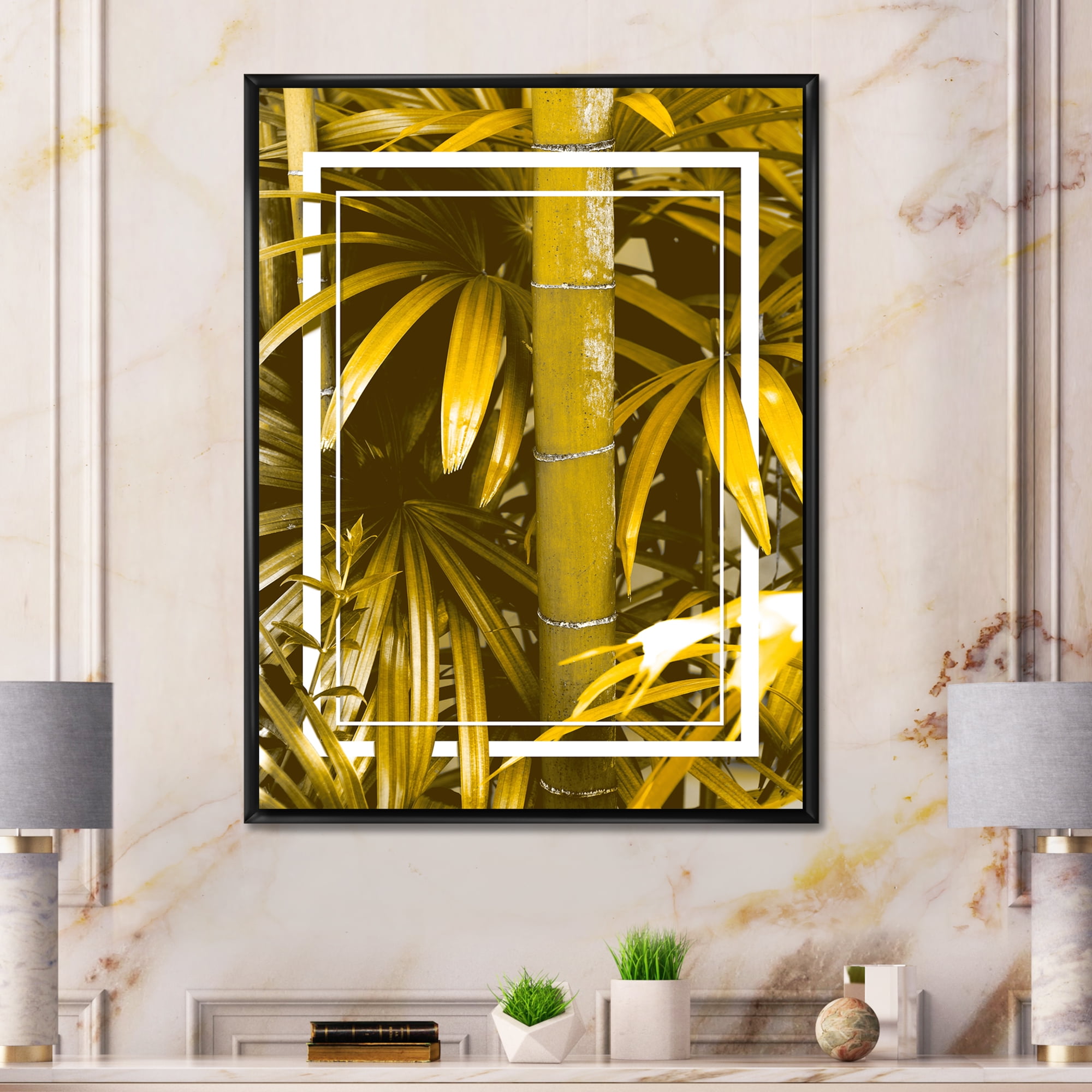 Designart 'Tropical Leaves and Yellow Bamboo' Tropical Framed Canvas Wall Art Print