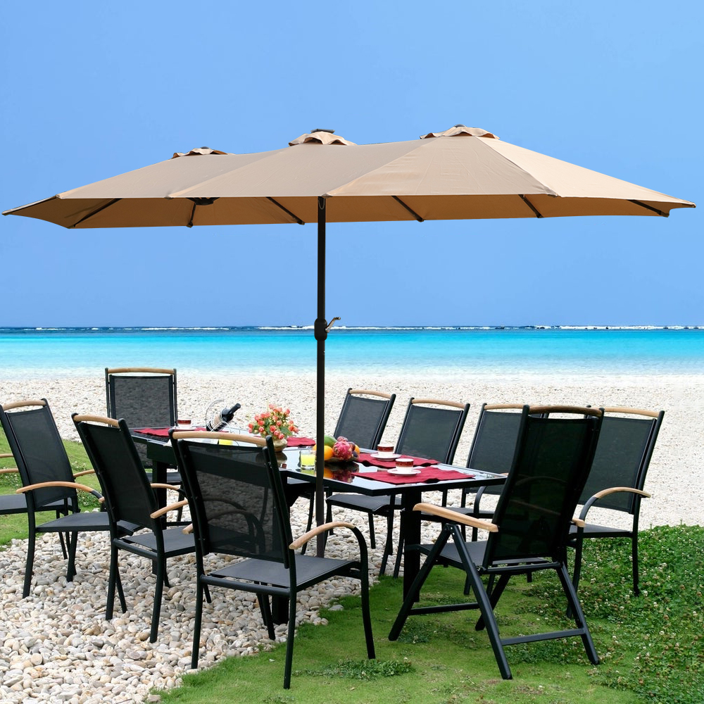 15x9ft Large Double-Sided Rectangular Outdoor Twin Patio Market Umbrella with light and base-TAUPE