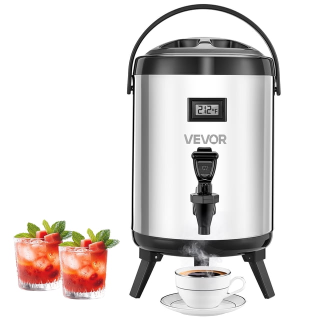 VEVOR Insulated Beverage Dispenser for Hot & Cold Drinks, 1.5-gallon capacity, made of stainless steel with a built-in temperature display. Features a leakproof spigot, foldable legs for easy dispensing and storage, and a thickened ergonomic handle for portability. Suitable for coffee shops, restaurants, buffets, and outdoor events.