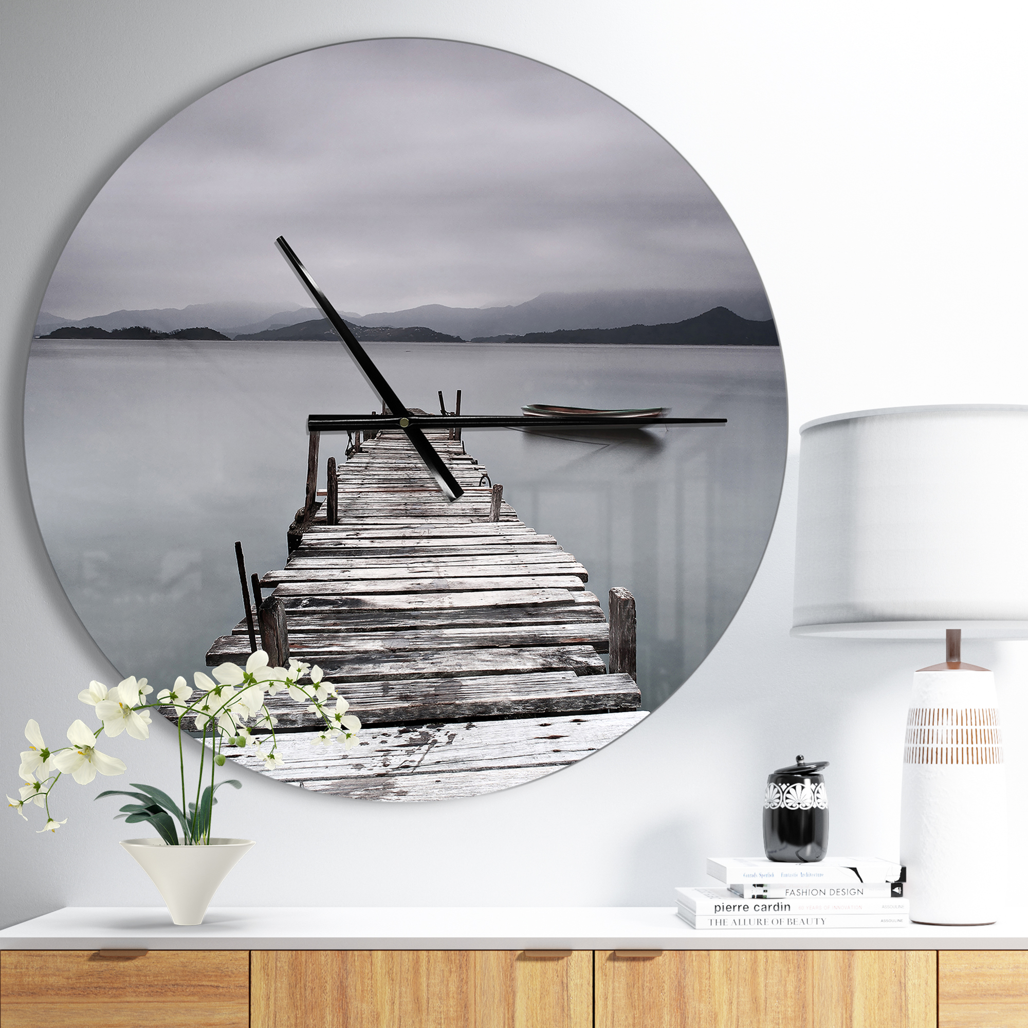 Designart 'Pier and Boats at Seashore ' Modern wall clock