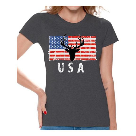 Awkward Styles Hunting Deer USA Women Shirt One Nation 4th of July Women T shirt Red White and Blue Vintage USA Tshirt for Women Love USA American Flag Women T-shirt 4th of July Party