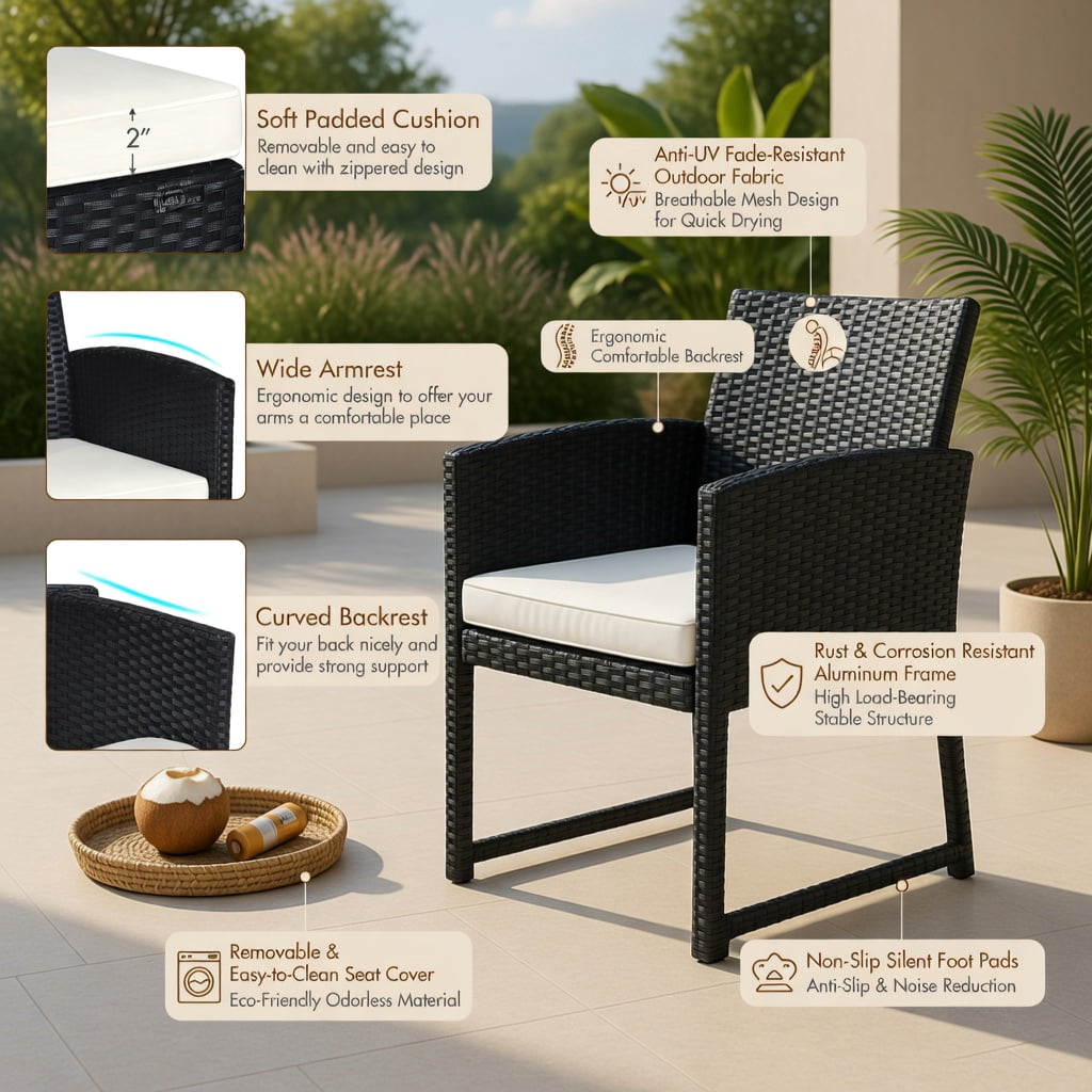 Hommoo 4-Piece All-Weather Wicker Patio Furniture Set, PE Rattan Loveseat & Single Sofas with Tempered Glass Coffee Table and Removable Cushions, White
