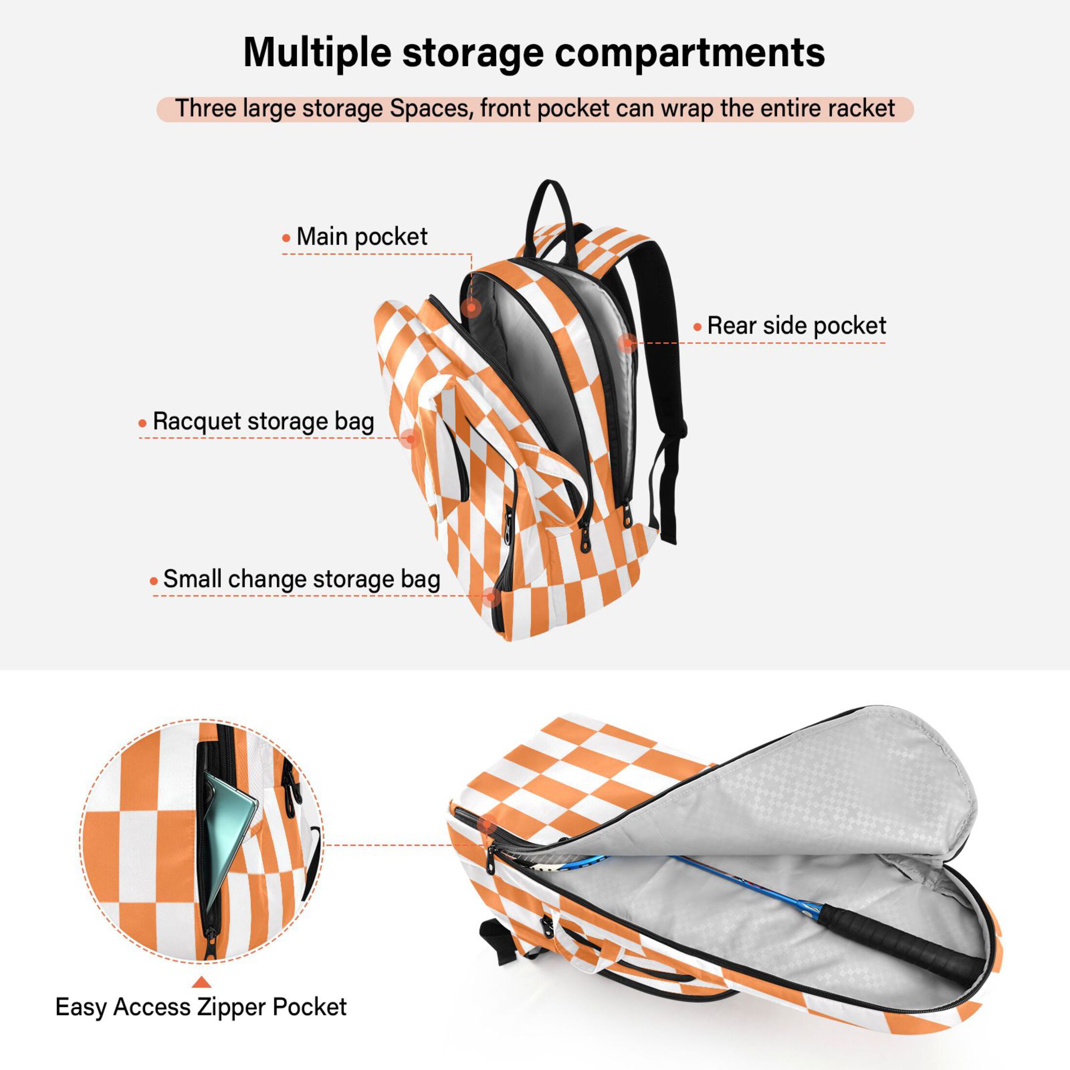 2 Racquet Holder Tennis Backpack Tennis Racket Covers Gym Bags Orange Checkerboard