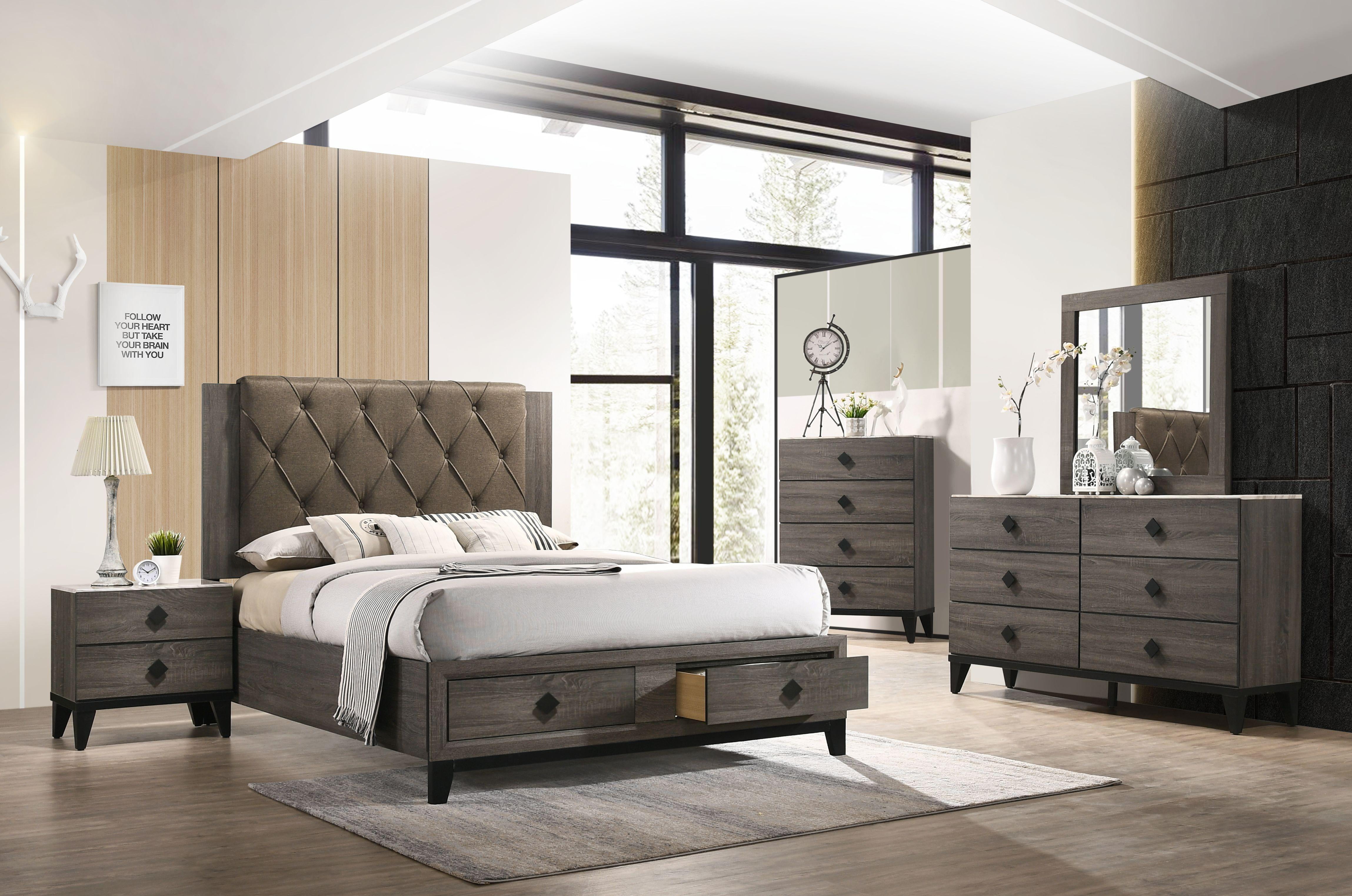 Transitional Fabric &Rustic Gray Oak King Bedroom Set 6PCS Acme