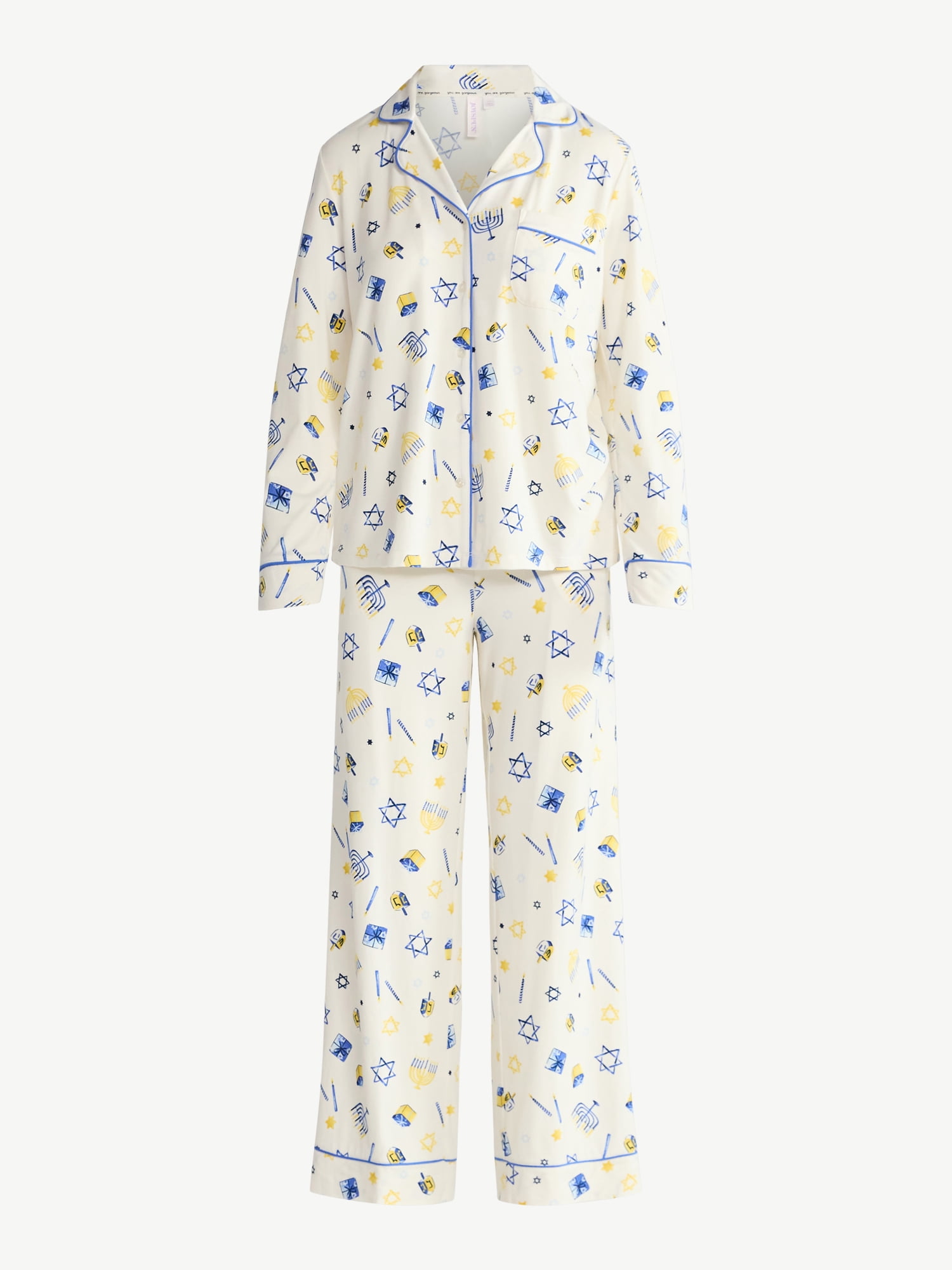 Joyspun Women’s Dreamy Soft Collection Hanukkah Long Sleeve Top and Pants Pajama Set, Sizes XS-4X