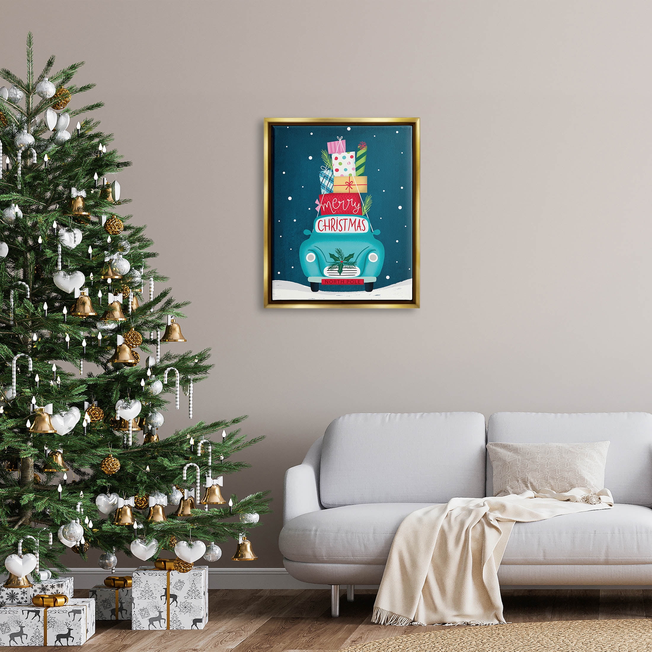 Merry Christmas Stacked Gifts Car Holiday Graphic Art Metallic Gold Framed Art Print Wall Art