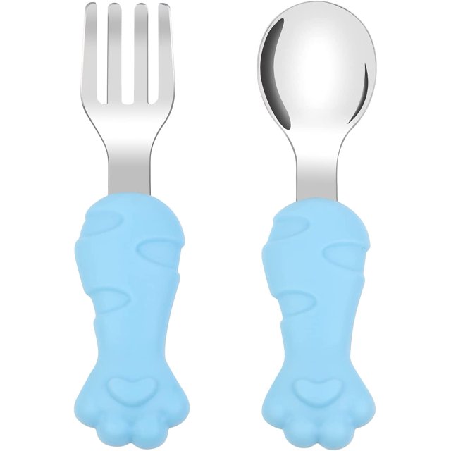 Baby Fork Spoon Set,Children Fork and Spoon Set Food Grade Silicone 304 Stainless Steel Spoon and Fork