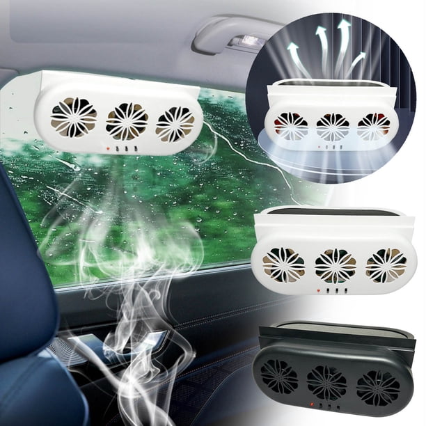 Ventilador solar de escape para coche - Sistema de ventilación de 3 ventiladores con USB y termostato, material ABS, 230x113x52mm, baja eliminación de ruido y olores para la circulación del aire del
