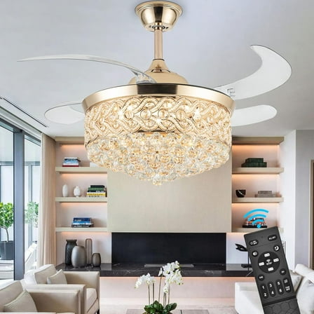 Datingday 42" Retractable Ceiling Fans with Lights Remote,Modern Retractable Invisible Chandelier Ceiling Fan Light with 4 ABS Blades for Bedroom Living Room Dining Room Decoration