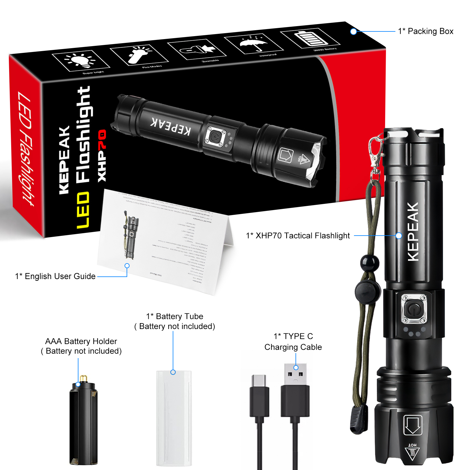 Flashlight,DFITO USB Charge Tactical Torch, IPX6 Waterproof Torch